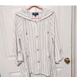 Womens L Classic Neutral Beige Linen Blend Hood Lagenlook Shirt Jacket Tab Cuffs